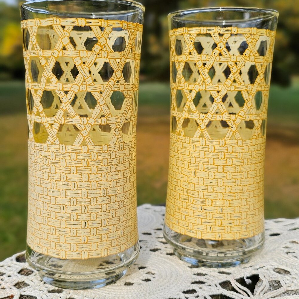 rattan cane pattern Libbey tumbler drinking glasses set of 2 woven vintage 1970s